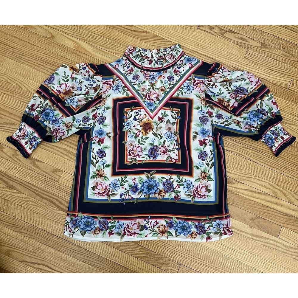 Jealous Tomato Women's S Boho Floral Peasant Blouse Top Smocked Neck Multicolor